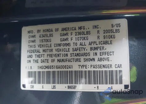 2006 Honda Accord 3.0 Ex из США, поврежденный, VIN 1HGCM66516A006241